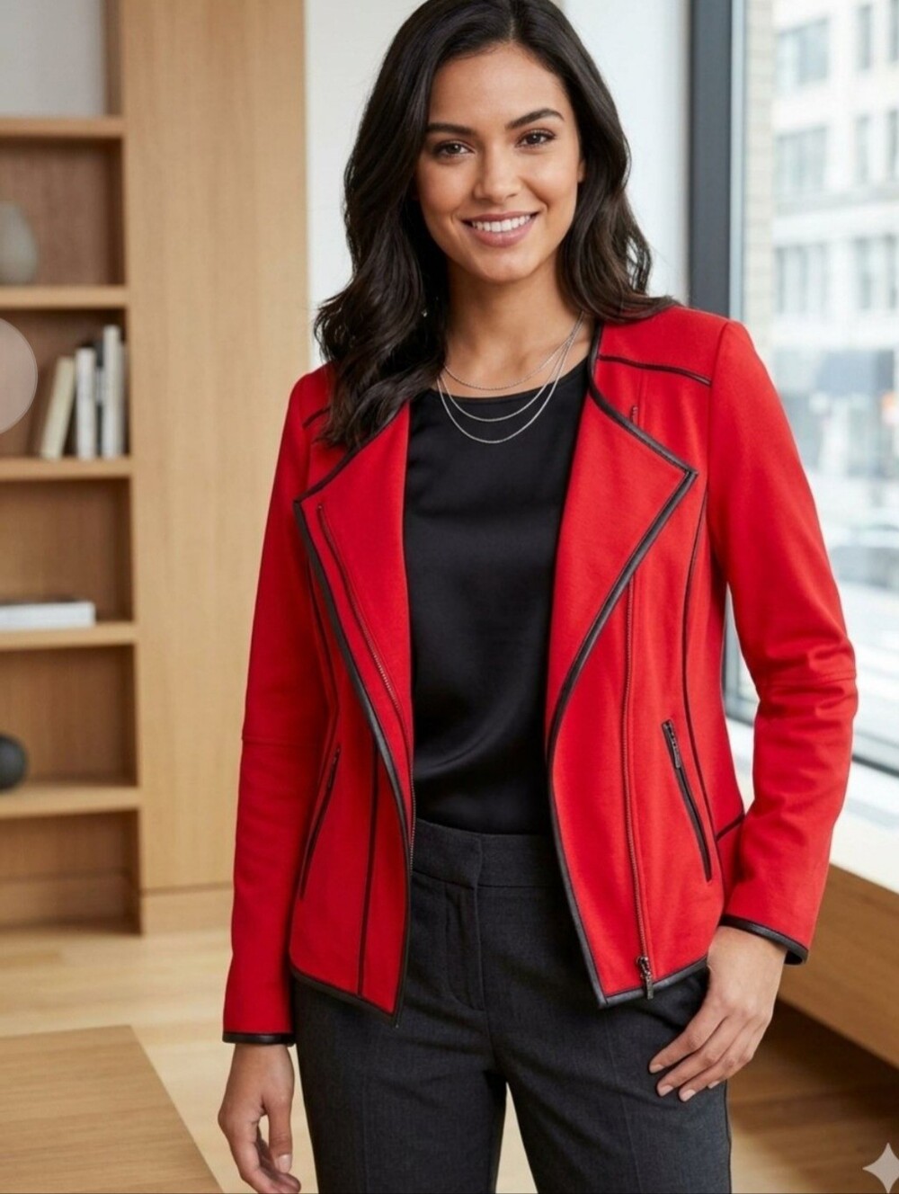 Peter Nygard Red Open Front Blazer Jacket Faux Leather Trim